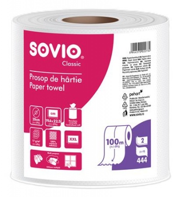 Törlőpapír, 100% cellulóz, tekercses, 100 m, 20 cm átmérő, 2 rétegű, SOVIO