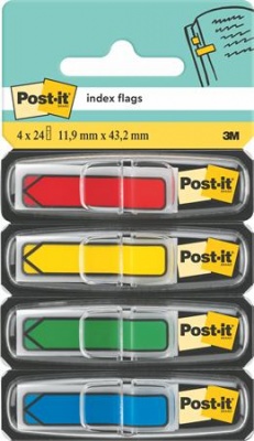 Jelölőcímke, műanyag, 4x24 lap, 11,9x43,2 mm, nyíl, 3M POSTIT, vegyes