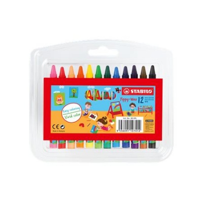 Zsírkréta, műanyag dobozban, STABILO "Yippy-wax", 12 különböző szín