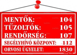Információs tábla, 22,5x12,5 cm, "Mentők tűzoltók, rendőrség telefonszámok", piros